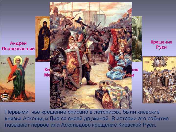 Андрей Первозванный Крещение Руси Аскольдово крещение Кирилл и Мефодий Крещение Ольги Первыми, чье крещение