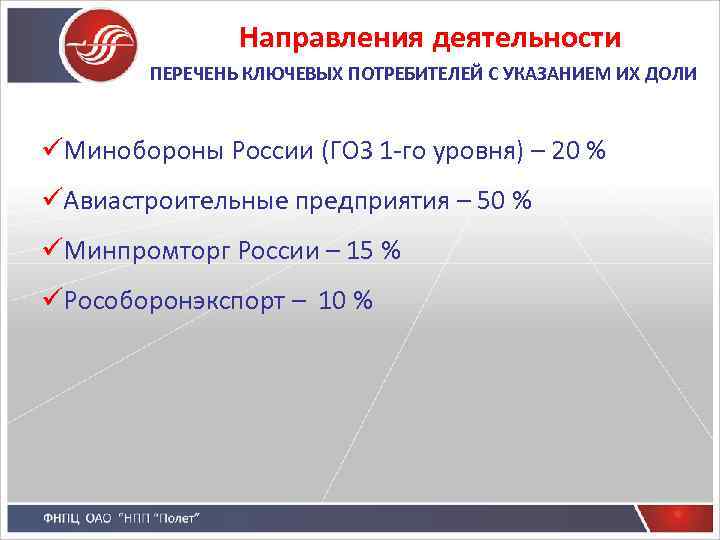Направления деятельности ПЕРЕЧЕНЬ КЛЮЧЕВЫХ ПОТРЕБИТЕЛЕЙ С УКАЗАНИЕМ ИХ ДОЛИ üМинобороны России (ГОЗ 1 -го
