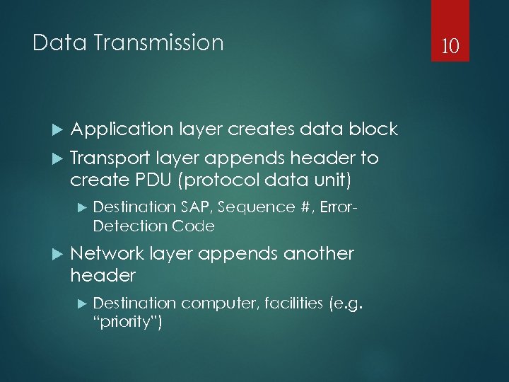 Data Transmission Application layer creates data block Transport layer appends header to create PDU