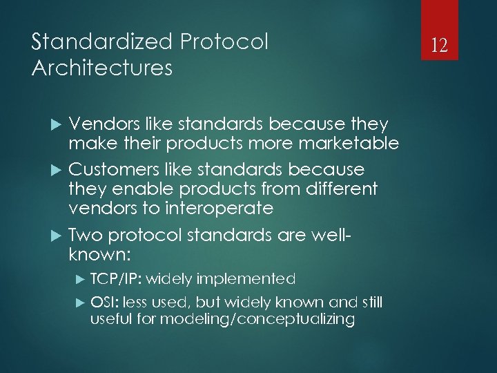 Standardized Protocol Architectures Vendors like standards because they make their products more marketable Customers