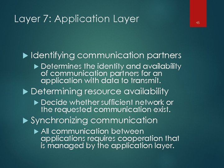 Layer 7: Application Layer Identifying communication partners Determines the identity and availability of communication