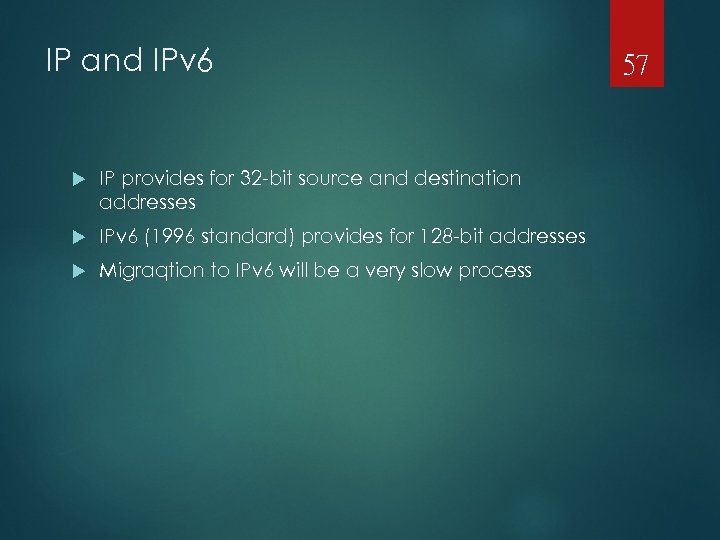 IP and IPv 6 IP provides for 32 -bit source and destination addresses IPv