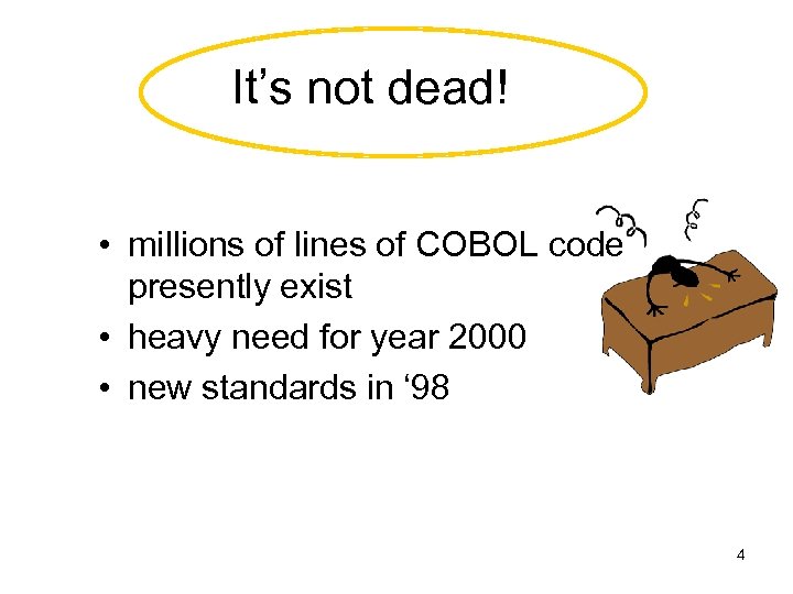 It’s not dead! • millions of lines of COBOL code presently exist • heavy