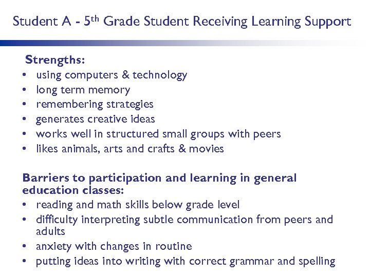 Student A - 5 th Grade Student Receiving Learning Support Strengths: • using computers