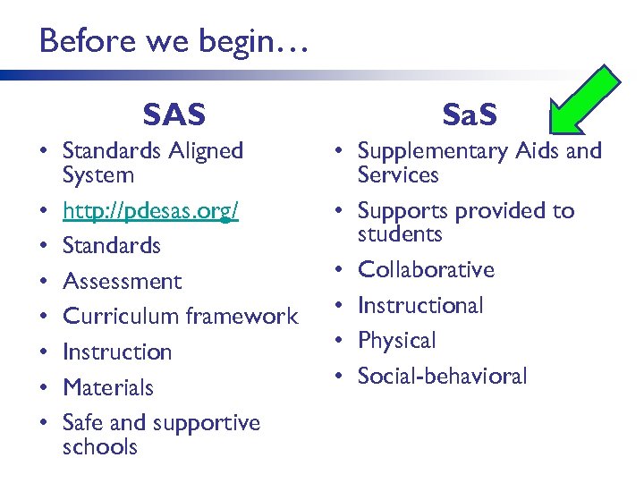 Before we begin… SAS Sa. S • Standards Aligned System • http: //pdesas. org/