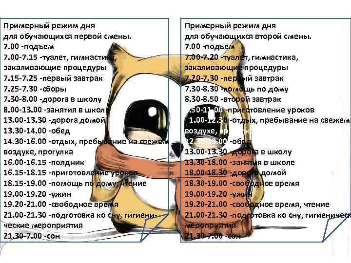 Примерный режим дня для обучающихся первой смены. 7. 00 -подъем 7. 00 -7. 15