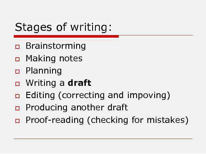 Stages of writing: o o o o Brainstorming Making notes Planning Writing a draft