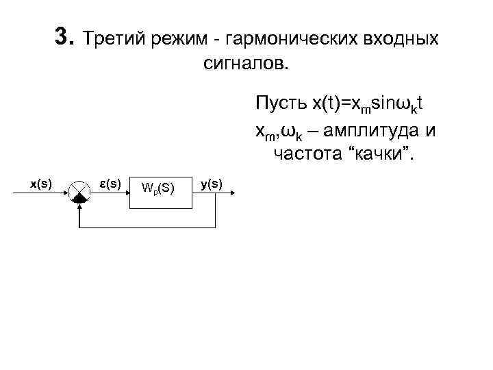 3. Третий режим - гармонических входных сигналов. Пусть x(t)=xmsinωkt xm, ωk – амплитуда и