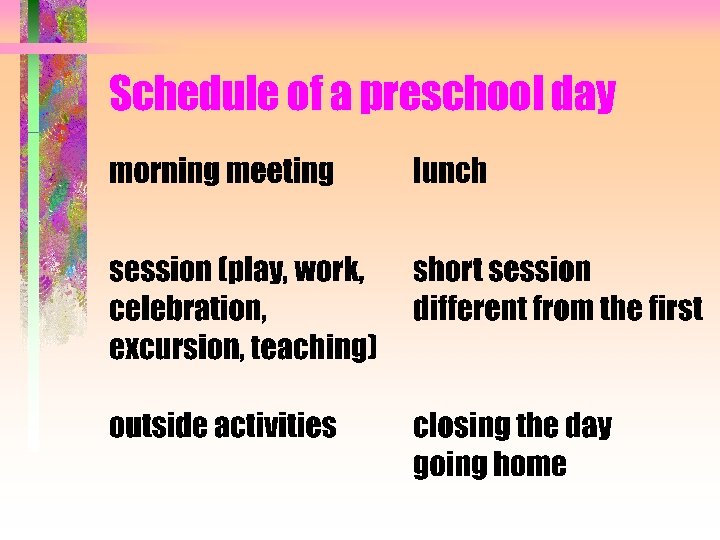 Schedule of a preschool day 