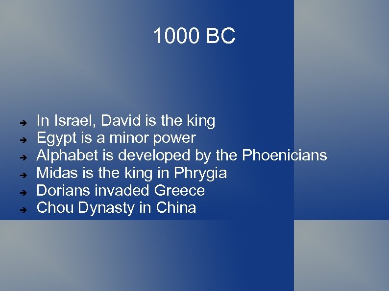 1000 BC In Israel, David is the king Egypt is a minor power Alphabet