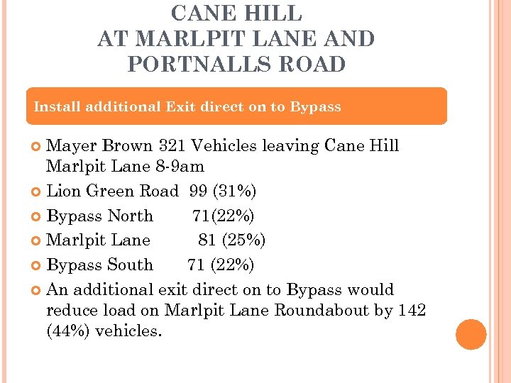 CANE HILL AT MARLPIT LANE AND PORTNALLS ROAD Install additional Exit direct on to