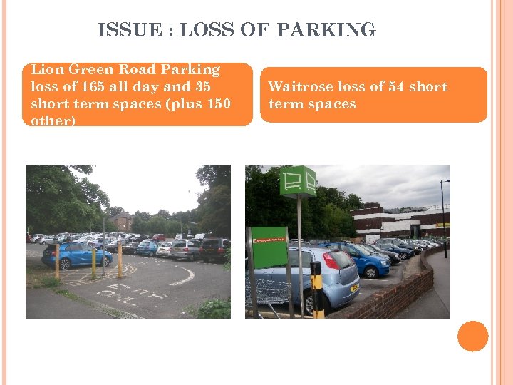 ISSUE : LOSS OF PARKING Lion Green Road Parking loss of 165 all day