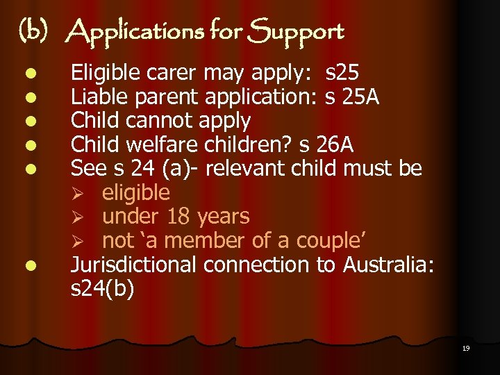 (b) Applications for Support l l l Eligible carer may apply: s 25 Liable