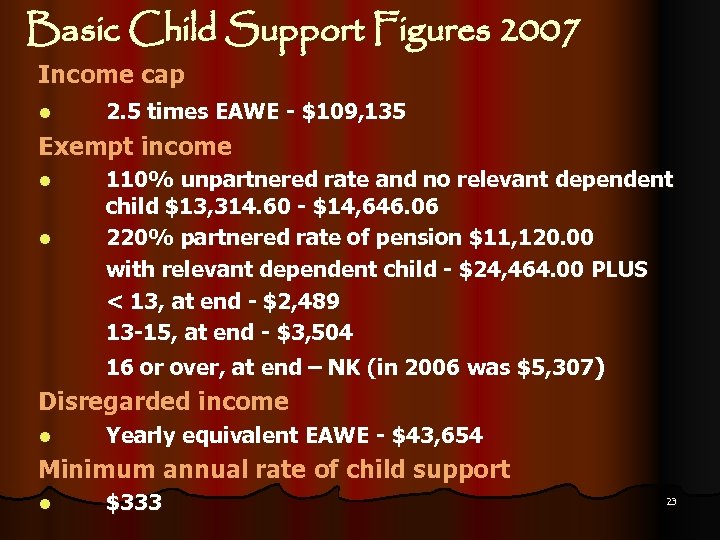 Basic Child Support Figures 2007 Income cap l 2. 5 times EAWE - $109,
