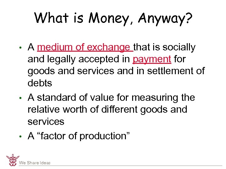 What is Money, Anyway? • • • A medium of exchange that is socially