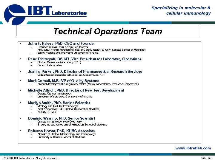 Technical Operations Team • John F. Halsey, Ph. D, CEO and Founder • Rene