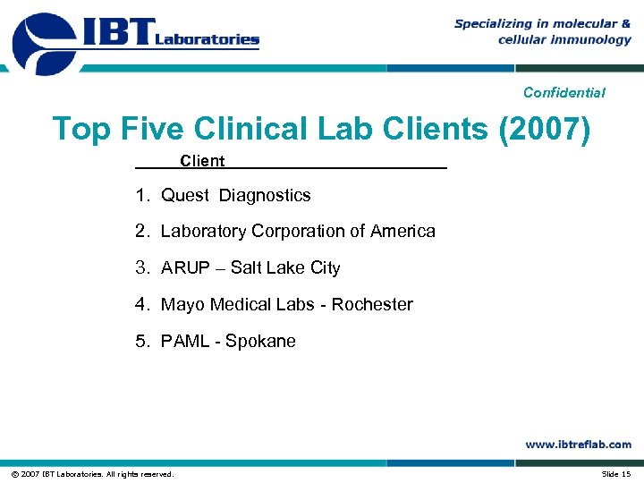 Confidential Top Five Clinical Lab Clients (2007) Client 1. Quest Diagnostics 2. Laboratory Corporation