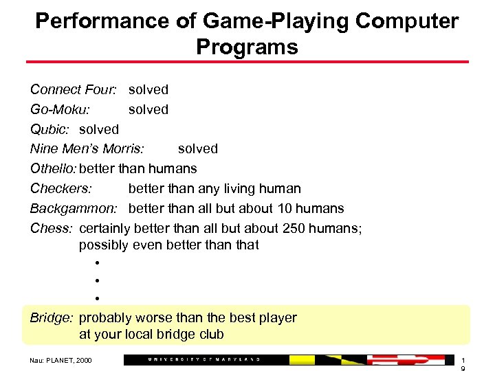 Performance of Game-Playing Computer Programs Connect Four: solved Go-Moku: solved Qubic: solved Nine Men’s