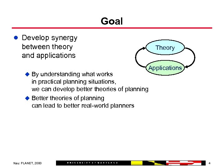 Goal l Develop synergy between theory and applications u By understanding what works Theory