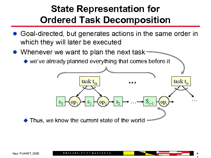 State Representation for Ordered Task Decomposition l Goal-directed, but generates actions in the same