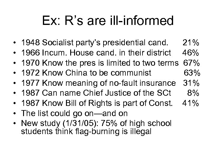 Ex: R’s are ill-informed • • • 1948 Socialist party’s presidential cand. 1966 Incum.