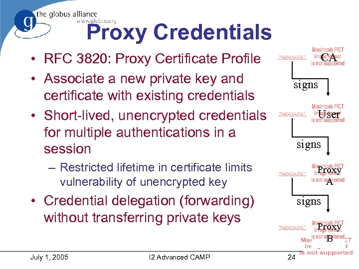 Proxy Credentials • RFC 3820: Proxy Certificate Profile • Associate a new private key
