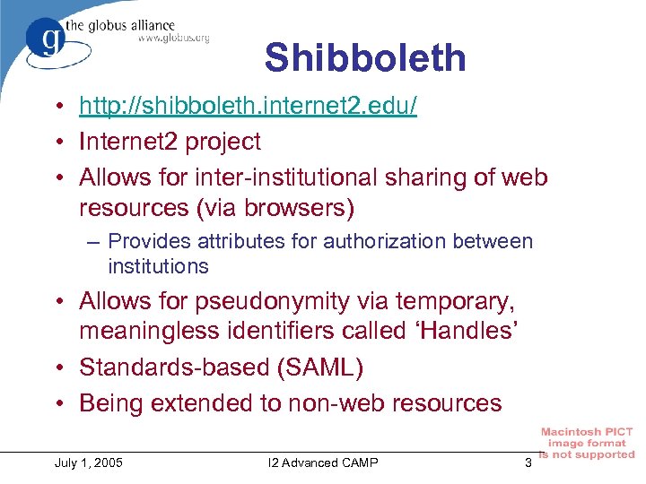Shibboleth • http: //shibboleth. internet 2. edu/ • Internet 2 project • Allows for