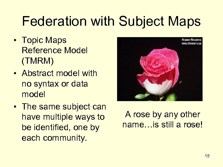 Federation with Subject Maps • Topic Maps Reference Model (TMRM) • Abstract model with