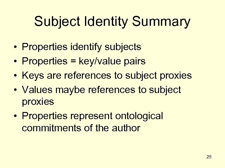 Subject Identity Summary • • Properties identify subjects Properties = key/value pairs Keys are