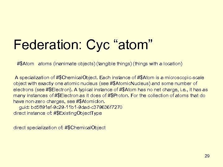 Federation: Cyc “atom” #$Atom atoms (inanimate objects) (tangible things) (things with a location) A