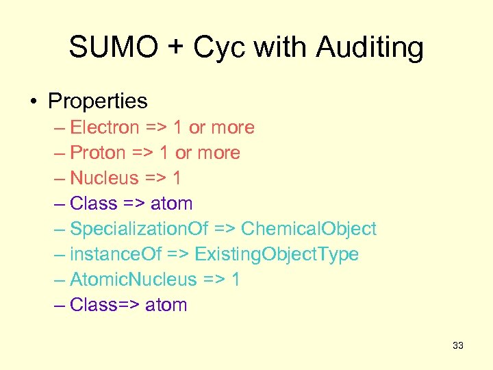 SUMO + Cyc with Auditing • Properties – Electron => 1 or more –