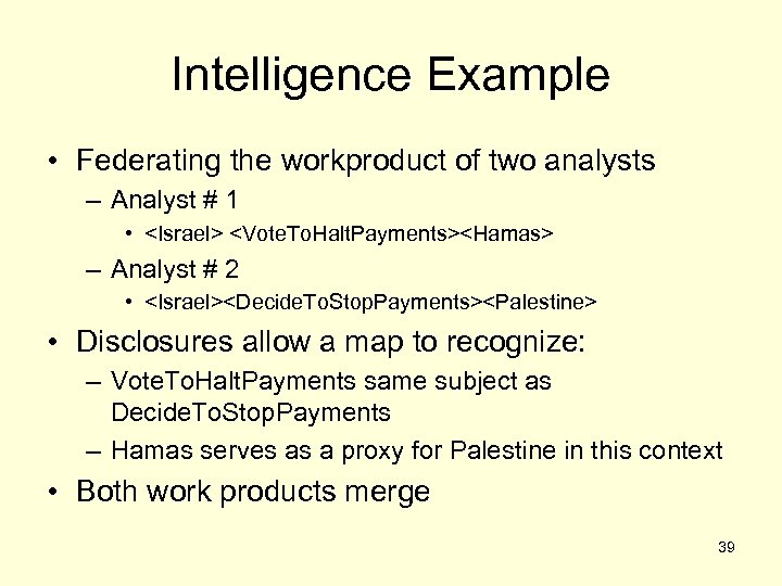 Intelligence Example • Federating the workproduct of two analysts – Analyst # 1 •