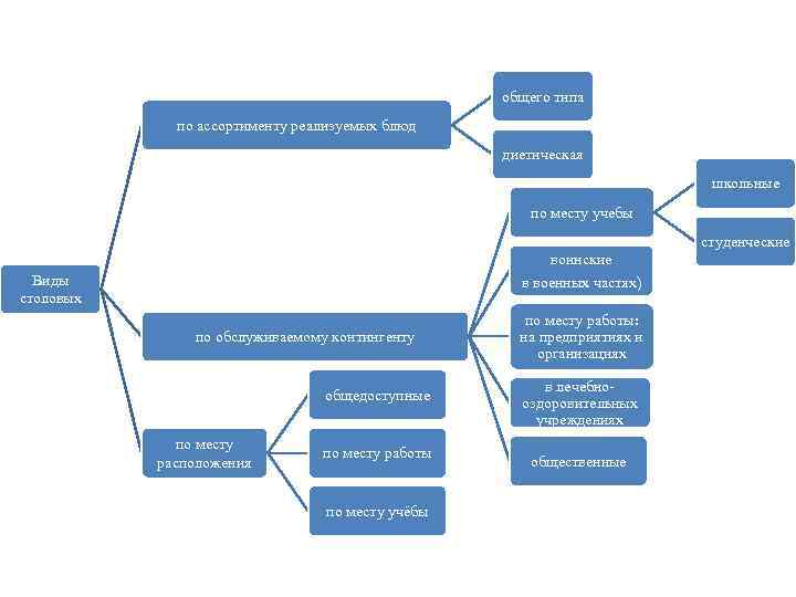 общего типа по ассортименту реализуемых блюд диетическая школьные по месту учебы студенческие воинские Виды