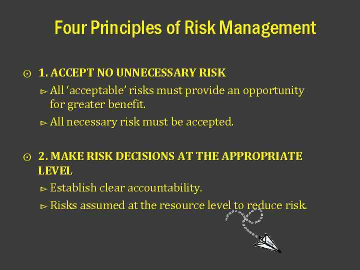 Four Principles of Risk Management ⨀ 1. ACCEPT NO UNNECESSARY RISK ⧐ All ‘acceptable’