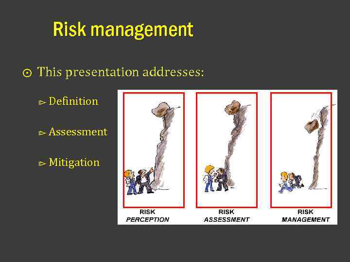 Risk management ⨀ This presentation addresses: ⧐ Definition ⧐ Assessment ⧐ Mitigation 