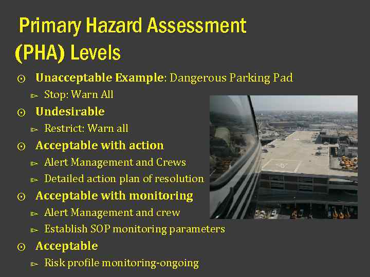 Primary Hazard Assessment (PHA) Levels ⨀ Unacceptable Example: Dangerous Parking Pad ⧐ Stop: Warn