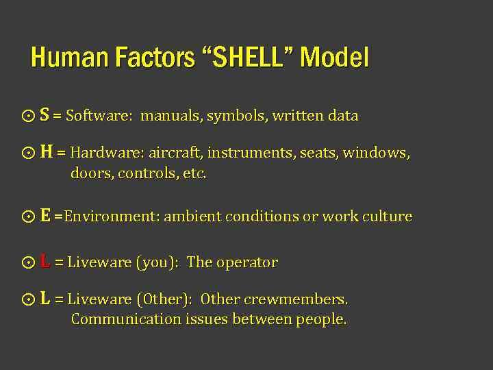 Human Factors “SHELL” Model ⨀ S = Software: manuals, symbols, written data ⨀ H