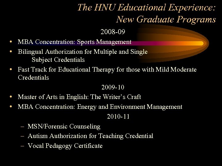 The HNU Educational Experience: New Graduate Programs 2008 -09 • MBA Concentration: Sports Management