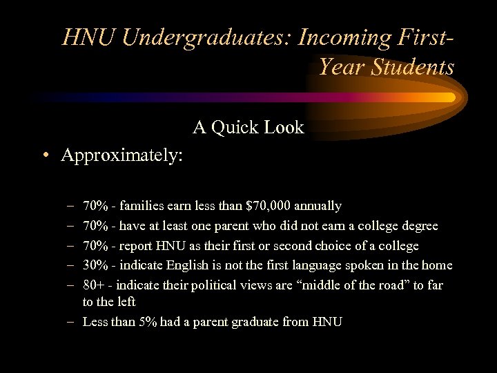 HNU Undergraduates: Incoming First. Year Students A Quick Look • Approximately: – – –