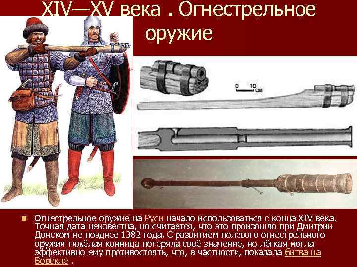 XIV—XV века. Огнестрельное оружие n Огнестрельное оружие на Руси начало использоваться с конца XIV