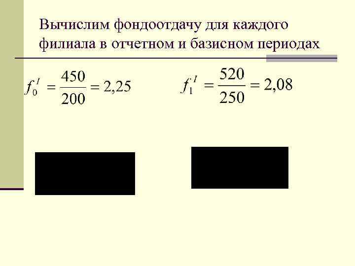 Вычислим фондоотдачу для каждого филиала в отчетном и базисном периодах 