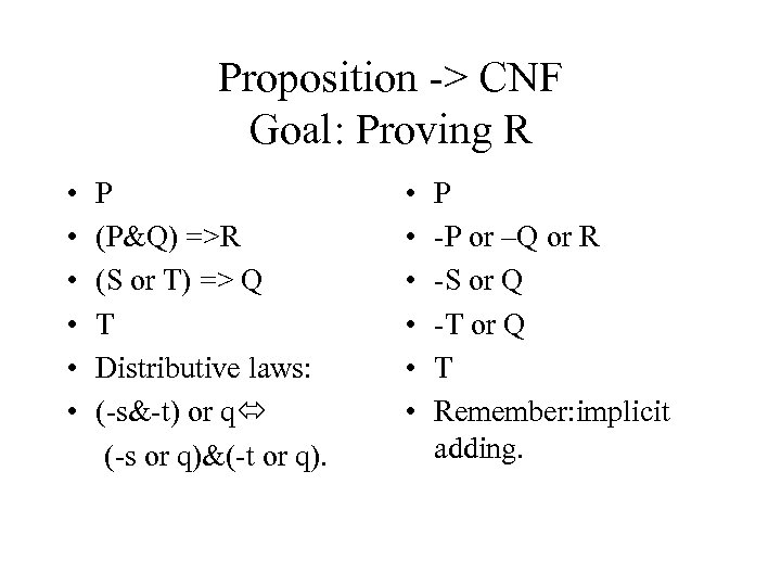 Proposition -> CNF Goal: Proving R • • • P (P&Q) =>R (S or