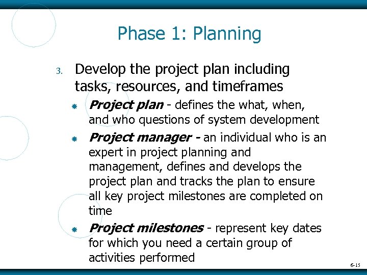 Phase 1: Planning 3. Develop the project plan including tasks, resources, and timeframes Project