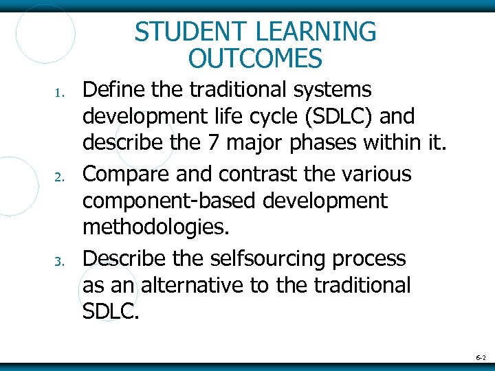 STUDENT LEARNING OUTCOMES 1. 2. 3. Define the traditional systems development life cycle (SDLC)