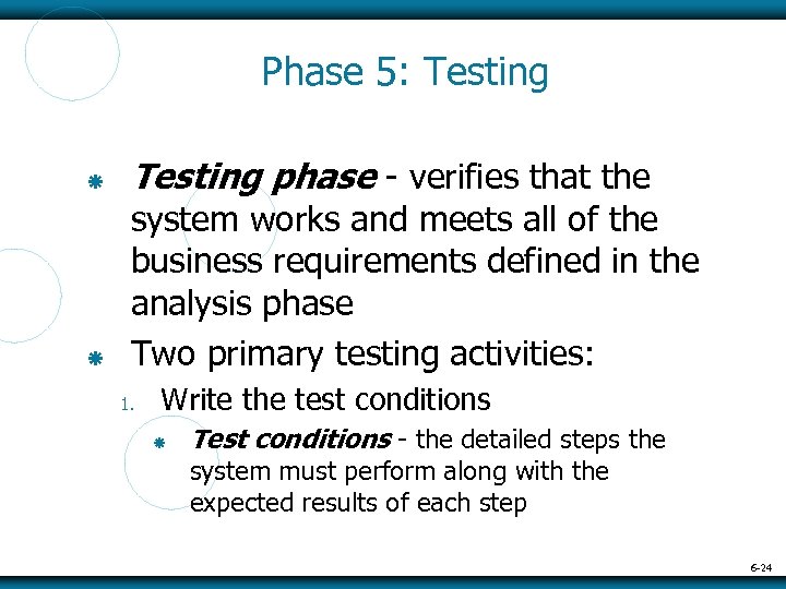 Phase 5: Testing phase - verifies that the system works and meets all of