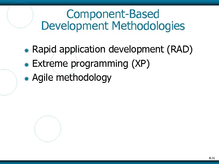 Component-Based Development Methodologies Rapid application development (RAD) Extreme programming (XP) Agile methodology 6 -31