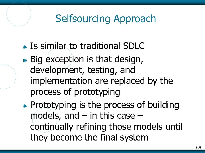 Selfsourcing Approach Is similar to traditional SDLC Big exception is that design, development, testing,