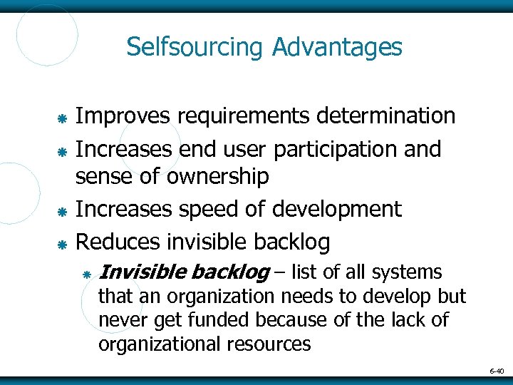 Selfsourcing Advantages Improves requirements determination Increases end user participation and sense of ownership Increases