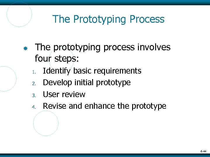 The Prototyping Process The prototyping process involves four steps: 1. 2. 3. 4. Identify