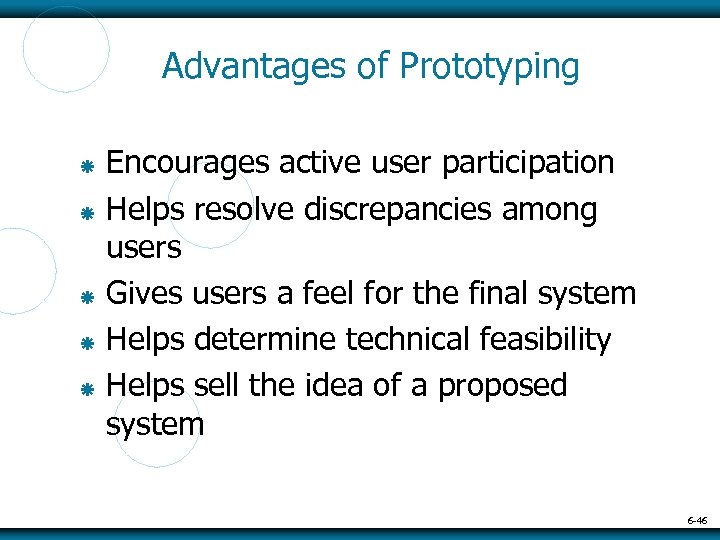 Advantages of Prototyping Encourages active user participation Helps resolve discrepancies among users Gives users